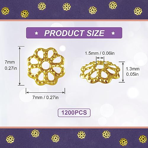 ANCIRS 1200pcs 7mm Spacer Beads Caps for Jewelry Making, Metal Flower Bead Caps for Bracelet Necklace- Gold - color: Gold