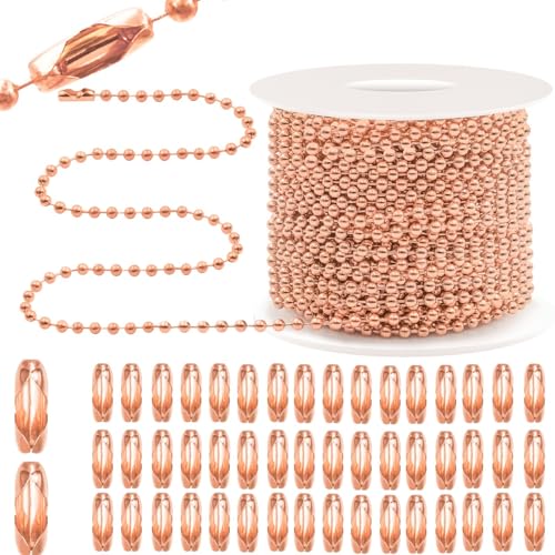 Bijou Joon 30 Ft Rose Gold Bead Chain 2 MM Small Ball Chain Roll Bead Ball Chains Necklace Beaded Pull Chains Dog Tag Link Metal for Jewelry Making Craft Bracelet Charm 50 Connectors Clasp - color: Rose Gold