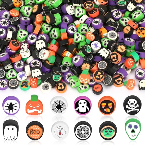 Halloween Polymer Clay Beads, SEPGLITTER 300pcs Pumpkin Ghost Spider Mixed Heishi Spacer Beads for Jewelry Making DIY Bracelet Necklace Accessories Craft Party Supplies - color: Black Purple