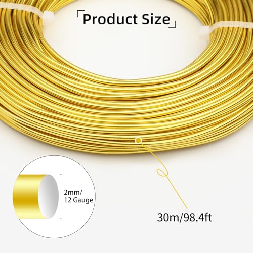 12 Gauge Aluminum Wire 100FT, 2mm Bendable Metal Anodized Aluminum Wire for Sculpting Jewelry Making Crafts Wreath Beading Floral(Gold) - color: Gold