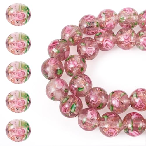 Cheriswelry 40Pcs/Strand Flower Lampwork Glass Beads Gold Sand Lampwork Bead 10mm Round Glass Beads for DIY Necklace Earring Rosary Jewelry Making Wedding Decor (Pale Violet Red) - color: Pale Violet Red