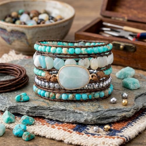 YGLINE Women Boho Handmade Natural Stone Crystal Leather Bead Wrap Bracelets Collection - color: Amazonite