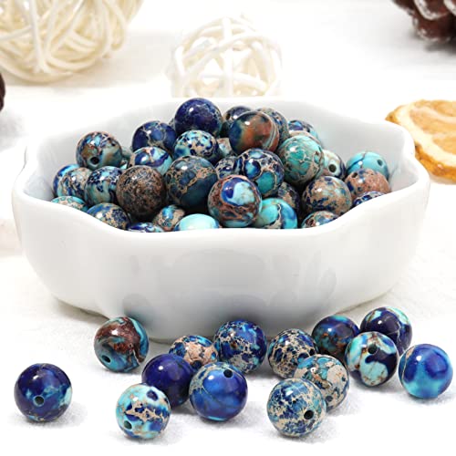 35pcs 10mm Natural Mixed Blue Imperial Jasper Gemstone Beads Energy Healing Crystal Round Loose Stone Beads for Jewelry Making, DIY Bracelets Necklaces - color: Mixed Blue Imperial Jasper, size: 10mm