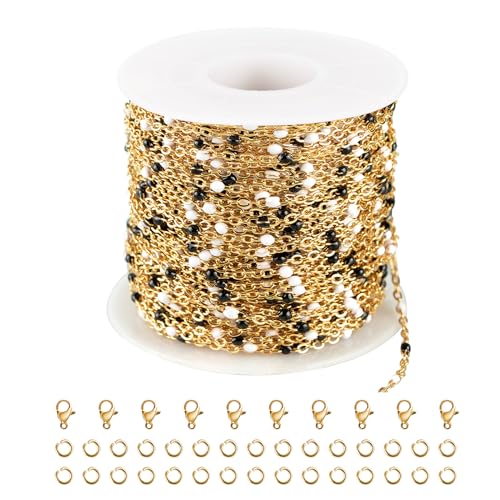 UMAOKANG 10 Meters White Black Enamel Bead Chain for Jewelry Making Gold Plated Stainless Steel Cable Chains for Necklace DIY - color: Gold-Black White Enamel