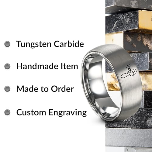 Chain Tool Ring - Gift for Cyclist - 8mm - Band - Gunmetal Black Silver - Personalized Custom Engraving - Men Women - Anniversary Engagement Wedding - Tungsten Carbide - Flat Dome Bevel - color: 04 - Grey Tungsten