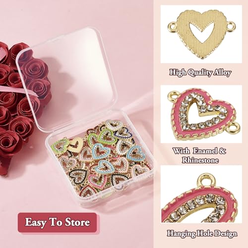 Cheriswelry Rhinestone Enamel Connectors Charm Links Evil Eye Alloy Metal Pendants Antique Silver Flat Round Hamsa Hand Owl Feather Heart Charm Pendant for Bracelet Necklace Jewelry Making - color: 8 Color- Heart