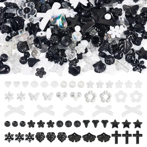 100G Assorted Mixed Shapes Acrylic Beads for Bracelet Making Flower Bow Butterfly Leaf Aesthetic Bracelet Charms Cute Beads for Jewelry Making DIY Necklace Keychain Phone Charms Black - color: Black