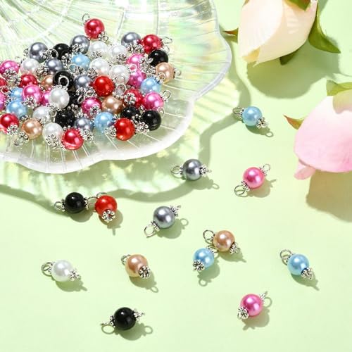 Ipotkitt 100 Pcs Colorful Pearlized Glass Pearl Charms Two Hole Round Links Charms End Drop Bead Connectors for DIY Jewelry Making - color: 100pcs-Glass Pearl Links-17x8mm