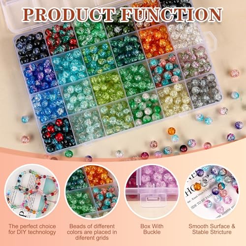 XSEINO 2400 Pieces 8mm Crack Glass Beads for Jewelry Making,48 Dazzling Colors Round Glass Beads for Making and DIY Crafts - color: 4Box Crackle Glass Beads