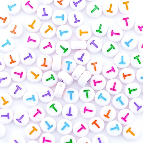 300Pcs Colorful Letter Beads T 4X7mm Single Round Alphabet Beads for Friendship Bracelets Making - color: Round - T