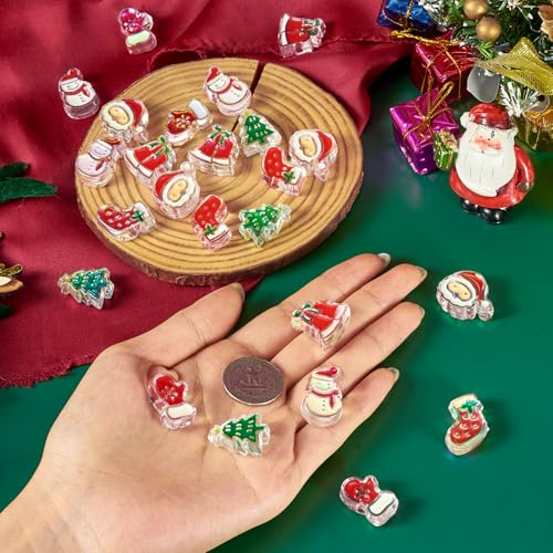 Beadthoven 24pcs Christmas Acrylic Beads, Red Green Crystal Focal Beads for Pens Keychain Making, Santa Claus Christmas Tree Gloves Stockings Snowman Loose Spacers for DIY Bracelets Jewelry Making - color: Christmas Patterns