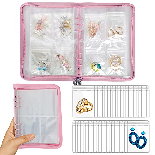 Earring Organizer Case Travel Jewelry Organizer Transparent Jewelry Storage Book for Necklace Bracelet Ring Holder with Small Clear Zippered Pouch - color: Pink,80 PCS Small Bags