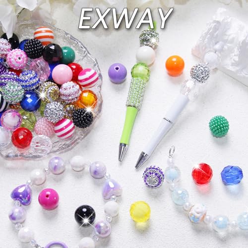 Exway 100 Pcs 20mm Beads for Pens Rhinestone Bubblegum Beads Mixed Crystal Acrylic Round Chunky Bead Sparkly Craft Large Balls Bead for Pen Beadable Keychain Bracelet DIY Jewelry Making Supplies - color: Colourful