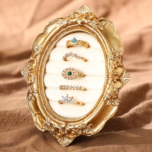 Liliaafar Vintage Ring Holder Oval Gold Ring Wedding Display Suede Jewelry Box Stand Frame Earring Tray Anniversary Engagement Baroque Organizer Photograph Prop for Women Birthday Christmas Gift - color: Gold, style: Oval