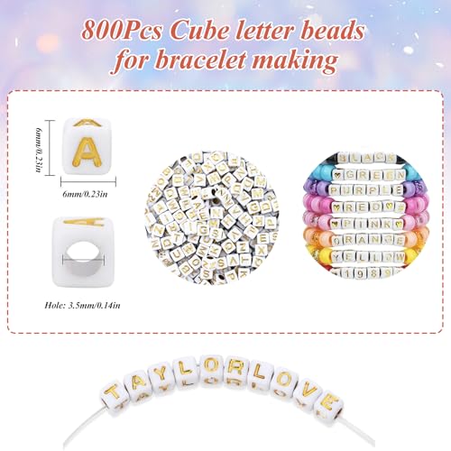 800Pcs White and Gold Square Letter Beads A-Z, 6X6mm Acrylic Cube Alphabet Beads for Jewelry Making - color: Gold Letters White Beads