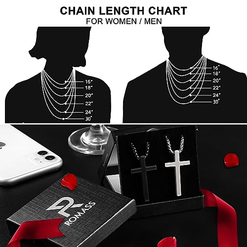Romass 2 Pcs Cross Necklace for Men Boys,Stainless Steel Pendants Silver Black Gold Crosses Chain Jewelry Gifts Box 16-30 inches - size: 30 in, style: 2Pcs(silver+black) 1.2 "* 0.7'' pendant