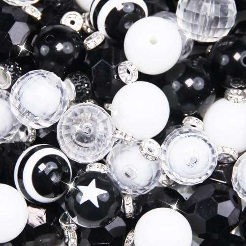 106 Pcs 20mm Beads for Pens Making with Rondelle Spacer Beads Black White Acrylic Focal Bubblegum Bead Crystal Round Sparkly Chunky Bead for Pens Beadable Keychain DIY Craft Jewelry Making Supplies - color: Black White