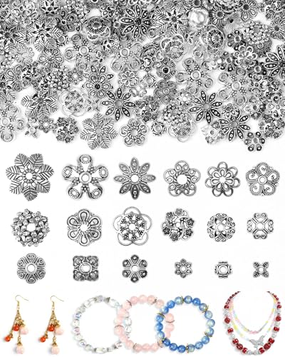 FIVEIZERO 240Pcs Silver Flower Bead Caps for Jewelry Making, 18 Styles Filigree Spacer Caps, Multi-Petal Design, 6mm–16mm for Earrings, Bracelets & Necklaces - color: Silver