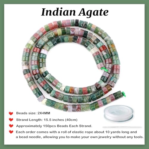 Natural Indian Agate Heishi Spacer Beads Loose Semi Precious Flat Round Gemstone Disc Shape Stone for Beading Jewelry Making 4x2mm 15.5" - color: Indian Agate