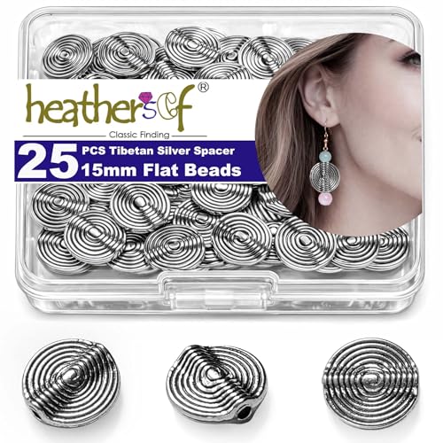 Tibetan Silver Stripe Spacer 15mm Flat Beads for Jewelry Making Supplies Adults Small Seed Bead for Necklace Earring Bracelet Making Kit Bulk 25 Pcs - color: Silver stripe flat