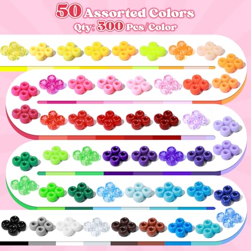 Umikk 15,000 Pony Beads Bulk, 50 Colors 6x9mm Plastic Kandi Beads for Bracelets Making Hair Braiding Rave Kandi Jewelry Crafts Gifts (8.6LB) - color: 50colors15000pcs
