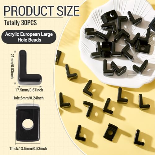 30Pcs Large Hole Letter Beads Black Acrylic European Beads 3D Letters L Chunky Bead Initial Alphabet Bead for Key Chains Bracelets Necklace DIY Craft Bag Charm Kit Arts Projects - color: Black-L