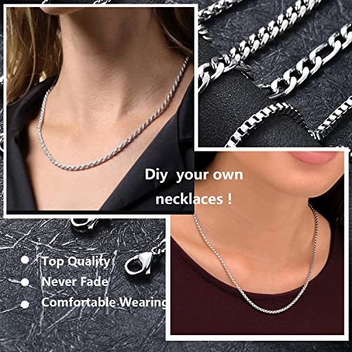 6 Pcs Silver Chains, Stainless Steel Cuban Link/Rope/Box/Figaro/Square Rolo/Wheat Chain Necklace Jewelry Set for Men Women - color: 16 inches