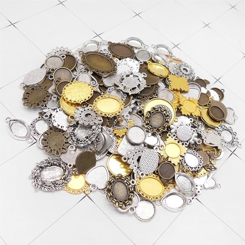 Assorted 60 Pieces Mini Size Blank Bezel Pendant Trays Antique Bronze Silver Golden 0.4-1.6 inches Alloy Cameo Setting for DIY Jewelry Making