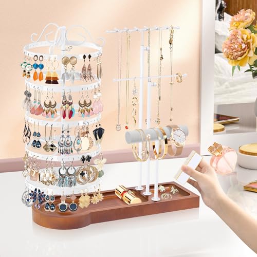 KALYLOC Jewelry Earring Holder Organizer, Adjustable 5 Tiers Rotating Earring Holder 3 Tier Necklace Holder with Wooden Base, Multi-Functional Jewelry Organizer Display Stand for Studs Bracelet Women - color: White