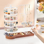 KALYLOC Jewelry Earring Holder Organizer, Adjustable 5 Tiers Rotating Earring Holder 3 Tier Necklace Holder with Wooden Base, Multi-Functional Jewelry Organizer Display Stand for Studs Bracelet Women - color: White