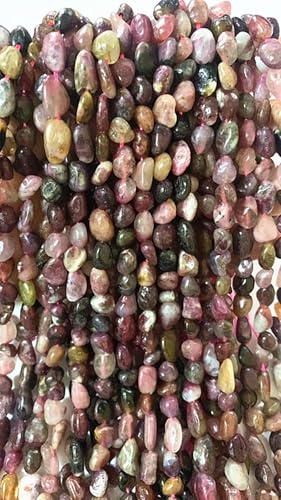 6-8mm Natural Mutilcolor Tourmaline Nuggets Oval Free Tumbled Pebble Semi Precious Gemstone Loose Stone Beads Approx 15.5 inch for DIY Jewelry Making - color: Mutil Tourmaline