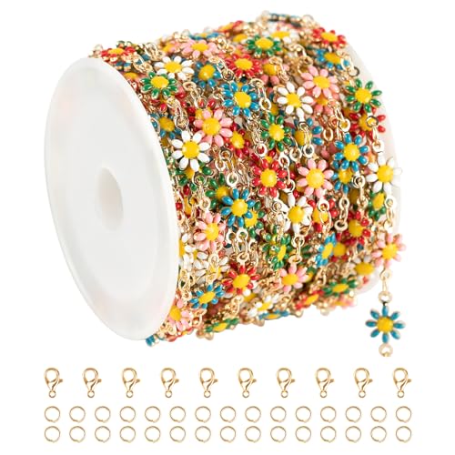 KYUNHOO 16.4 Feet Colorful Flowers Chain for Jewelry Making Gold Plated Brass Daisy Chaind Bulk for Women with Jump Rings Lobster Claps Jewelry Findings - color: Colorful Daisy