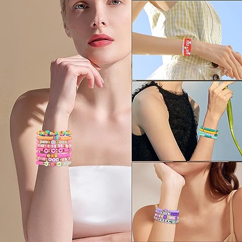 LUYI 32 Pcs Preppy Jewelry Bracelets for Women Clay Bead Colorful Surfer Heishi Bracelet Set Stackable Beaded Friendship Stretch Bracelets Boho Y2K Summer Beach Elastic Layering Bracelets - style: 32PCS-Bracelets