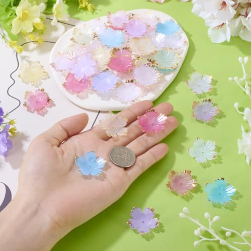 Beadthoven 120Pcs Flower Acrylic Bead Caps Colorful Cherry Blossom Flower Beads with Golden Metal Enlaced 5-Petal Flower Loose Spacers Bead for Earrings Bracelet Necklace DIY Crafts Supplies - color: Cherry Blossom-Colorful