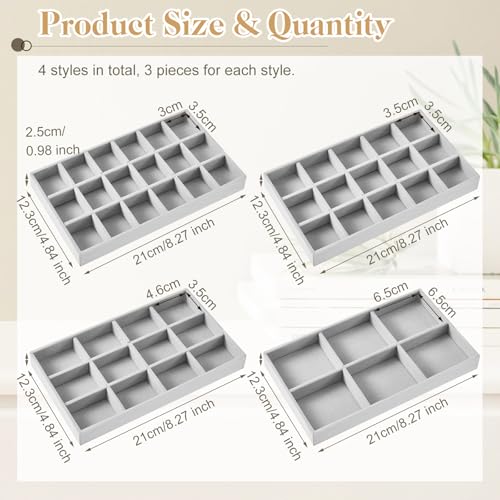 Junkin 12 Pcs Jewelry Tray Velvet Stackable Jewelry Organizer Trays Divided Earring Accessories Storage Containers Box (Rose Red) - color: Gray
