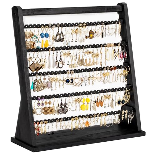 Poyilooo Earring Holder Organizer, Rustic Wood Earring Holder Stand, 5 Layer Jewelry Holder Organizer with 270 Earring Tree Holes Display Rack for Stud Earings & Hoop Earrings, Gifts for Women - color: Weathered Black