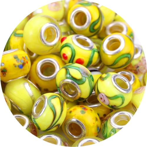 AIPRIDY 50Pcs 15x11mm Murano Large Hole Glass Beads with Silver Brass Cores European Beads for Jewelry Making (Yellow) - color: Yellow