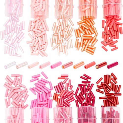 50G 10 Colors Glass Bugle Beads Round Hole Long Tube Seed Screwy Bugle Bead Loose Spacer Beads Multicolor Bulk for Earrings Necklace Jewelry Making DIY Crafting Beading Sewing Supplies - color: Mixed Colors - Red Predominant, size: Multi Size