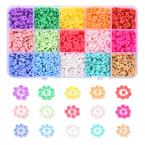 15 Colors 2250 Pcs Clay Beads Kit for Bracelets Making, Flat Round Polymer Spacer heishi Clay Beads for Craft and Jewelry Making - color: Pure Clay Beads Set-about 2250pcs