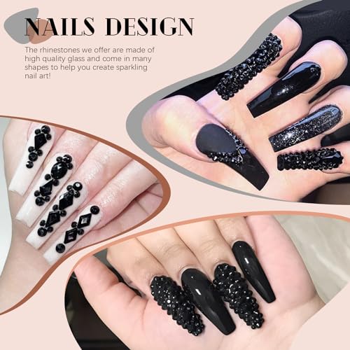 Glass Nail Rhinestones Multi-Shapes Flatback Gems, Round Crystal Glue Gel + 1500Pcs,arty Nails Diamond Gemstones - color: Black with Glue