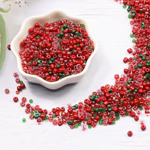 Mixed Red and Green Beads Size 6/0 Crafts Glass Seed Beads 4mm for Jewelry Making (Total About 100g About 1200pcs) - color: Mixed Red and Green