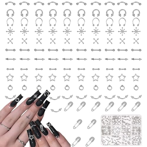 120 Pcs Mixed Nail Charms, CYHYII 1 Box Silver 3D Star Retro Nail Art Charm Y2K Metal Cross for Acrylic Nail Nail Art Design DIY Craft(12 Styles) - color: 120P MIXED