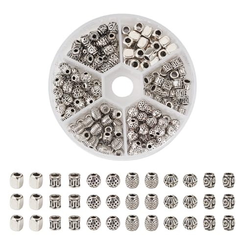 Craftdady 180Pcs 6 Styles Antique Silver Metal Spacer Beads Tibetan Vintage Barrel Column Tube Round Cuboid Rondelle Loose Pony Charm Beads for Jewelry Making - color: 6 Styles, 180Pcs. Antique Silver