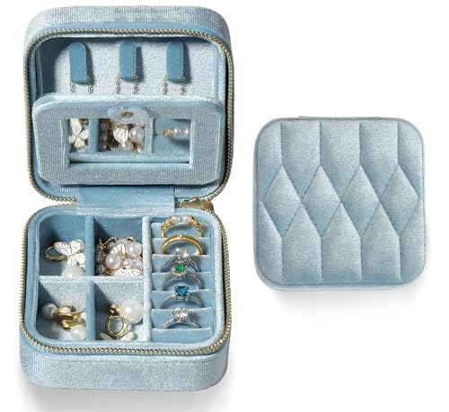 Velvet Jewelry Box – Travel Jewelry Case Organizer with Mirror, Adjustable Compartments for Women | Luxury Storage Case & Gift for Her - Light Blue - color: LightBlue