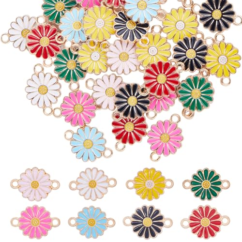 SUNNYCLUE 1 Box 48Pcs 8 Colors Sunflower Charms Bulk Enamel Sunflower Charm Gold Floral Daisy Connector Alloy Flower Plants Connectors for Jewelry Making Charms Women DIY Necklace Bracelet Earrings