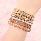 RIAH FASHION Multi Color Stretch Beaded Stackable Bracelets - Layering Bead Strand Statement Wrap Bangles - color: Boho Mix - Light Brown, size: 7.0 Inches Length