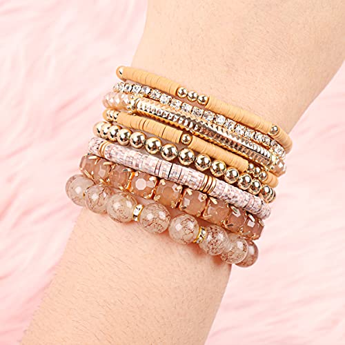 RIAH FASHION Multi Color Stretch Beaded Stackable Bracelets - Layering Bead Strand Statement Wrap Bangles - color: Boho Mix - Light Brown, size: 7.0 Inches Length