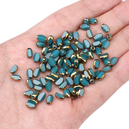 Glass Rice Beads Peacock Blue 4x6mm 50pcs Faceted Oval Golden Edge Crystal Loose Beads for DIY Craft Jewelry Making - color: Peacock Blue