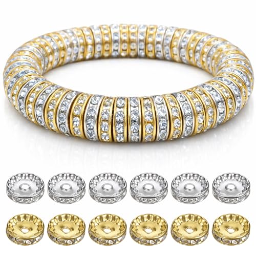 SULIKJHUI 150 Pcs Spacer Beads 12mm, Gold and Silver Spacer Beads for Bracelets, Jewelry Making, 2.5mm Hole & 3mm Height, Iron with Rhinestones (0.47 Inch Outer Diameter) - color: Gold + Silver