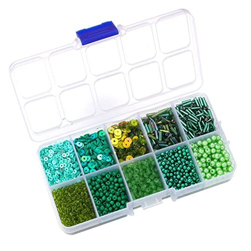 Assorted Bead for Jewelry Making, Glass Seed Bugle Tube Beads Loose Sequins Multiple Sizes for Crafts Sewing Jewelry Making - color: green